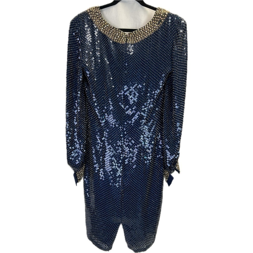 OLEG CASSINI BlackTie Navy Blue & Gold Silk Shimmery Dress W/Beads & Seq… - Picture 4 of 9